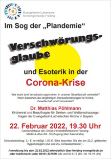 Veranstaltungsplakat zum 20.Februar 2022: Verschwörungsglaube und Esoterik in der Corona-Krise